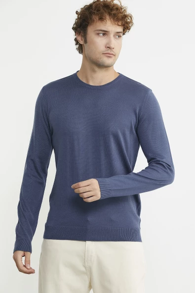 Erkek Sıfır Yaka Basic Triko Kazak - Indigo