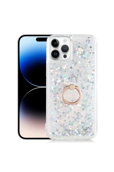 CEPCASE    Iphone 14 Pro Max Kılıf Yüzük Standlı Sıvılı Simli Pullu Renkli Desenli Silikon Kapak - Resim 2