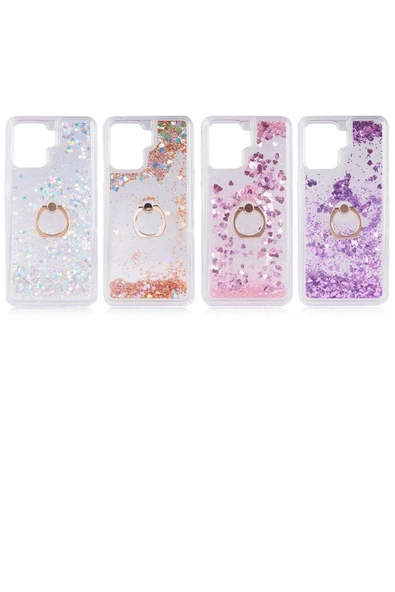 CEPCASE    Oppo Reno 5 Lite Kılıf Yüzük Standlı Sıvılı Simli Pullu Renkli Desenli Silikon Kapak - Resim 3