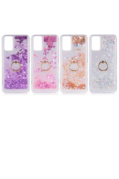 CEPCASE    Samsung Galaxy A02s Kılıf Yüzük Standlı Sıvılı Simli Pullu Renkli Desenli Silikon Kapak - Resim 3