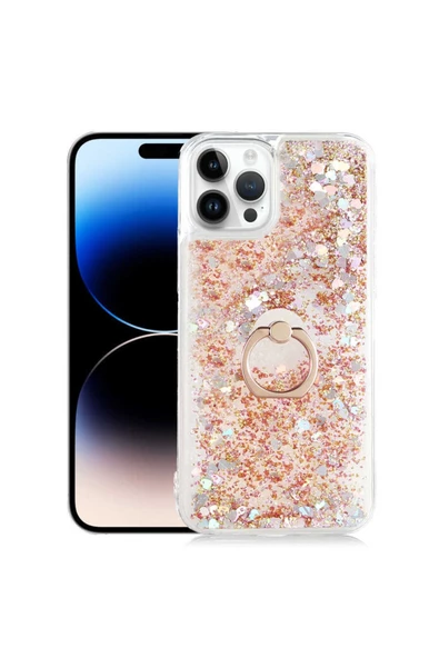 CEPCASE    Iphone 14 Pro Max Kılıf Yüzük Standlı Sıvılı Simli Pullu Renkli Desenli Silikon Kapak ürün görseli