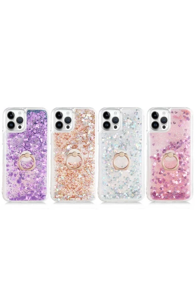 CEPCASE    Iphone 14 Pro Max Kılıf Yüzük Standlı Sıvılı Simli Pullu Renkli Desenli Silikon Kapak - Resim 3