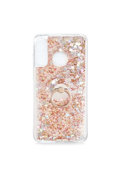CEPCASE    Huawei P30 Lite Kılıf Yüzük Standlı Sıvılı Simli Pullu Renkli Desenli Silikon Kapak