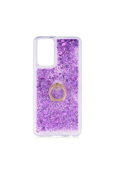 CEPCASE    Samsung Galaxy M52 Kılıf Yüzük Standlı Sıvılı Simli Pullu Renkli Desenli Silikon Kapak