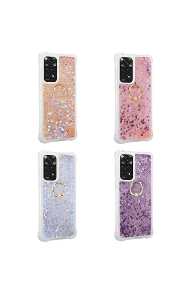 CEPCASE    Xiaomi Redmi Note 11 Global Kılıf Yüzük Standlı Sıvılı Simli Pullu Renkli Desenli Silikon Kapak - Resim 3
