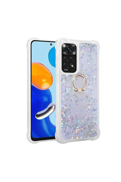 CEPCASE    Xiaomi Redmi Note 11 Global Kılıf Yüzük Standlı Sıvılı Simli Pullu Renkli Desenli Silikon Kapak - Resim 2