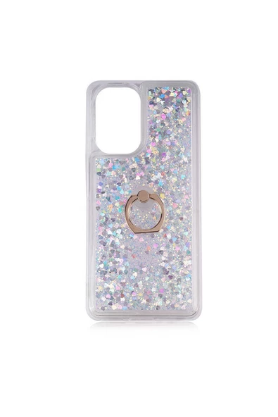 CEPCASE    Xiaomi Poco F3 Kılıf Yüzük Standlı Sıvılı Simli Pullu Renkli Desenli Silikon Kapak