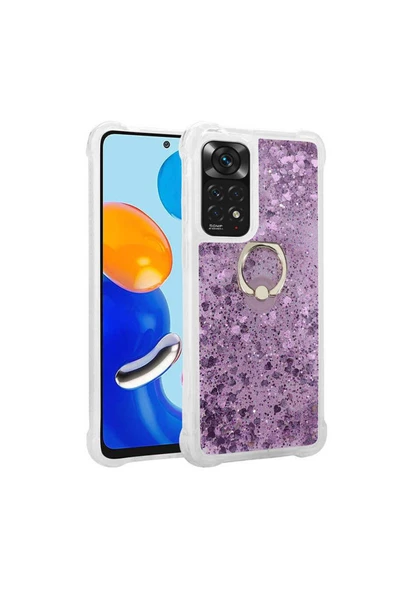 CEPCASE    Xiaomi Redmi Note 11 Pro 5g Kılıf Yüzük Standlı Sıvılı Simli Pullu Renkli Desenli Silikon Kapak - Resim 2
