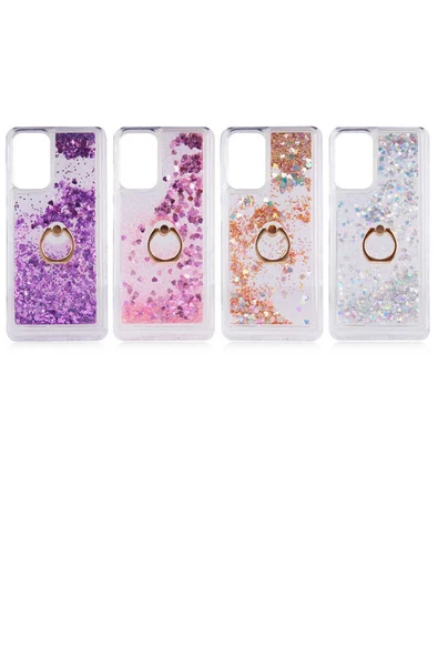 CEPCASE    Samsung Galaxy A72 Kılıf Yüzük Standlı Sıvılı Simli Pullu Renkli Desenli Silikon Kapak - Resim 3