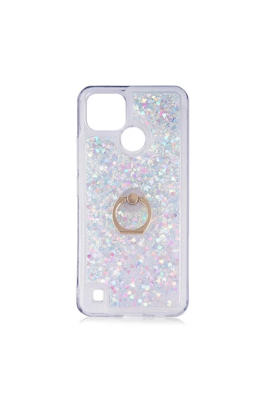 CEPCASE    Realme C21 Kılıf Yüzük Standlı Sıvılı Simli Pullu Renkli Desenli Silikon Kapak ürün görseli