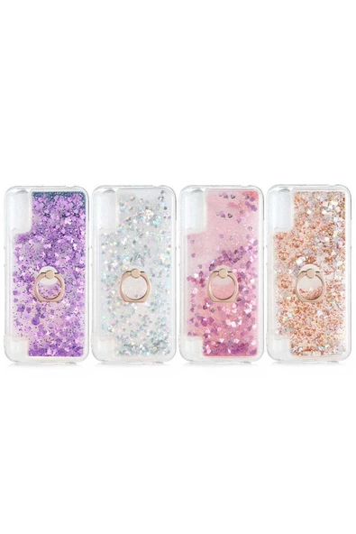 CEPCASE    Samsung Galaxy A01 Kılıf Yüzük Standlı Sıvılı Simli Pullu Renkli Desenli Silikon Kapak - Resim 3