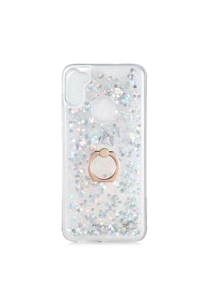 CEPCASE    Samsung Galaxy M11 Kılıf Yüzük Standlı Sıvılı Simli Pullu Renkli Desenli Silikon Kapak - Resim 2