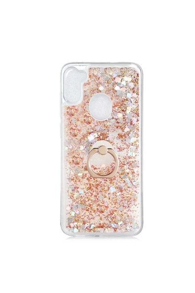 CEPCASE    Samsung Galaxy M11 Kılıf Yüzük Standlı Sıvılı Simli Pullu Renkli Desenli Silikon Kapak