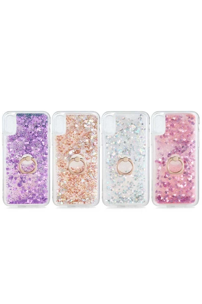 CEPCASE    Iphone Xs 5.8 Kılıf Yüzük Standlı Sıvılı Simli Pullu Renkli Desenli Silikon Kapak - Resim 3