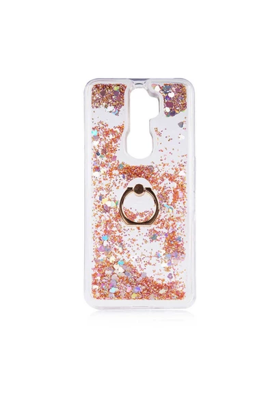 CEPCASE    Oppo A5 2020 Kılıf Yüzük Standlı Sıvılı Simli Pullu Renkli Desenli Silikon Kapak