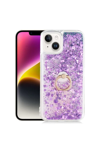 CEPCASE    Iphone 14 Kılıf Yüzük Standlı Sıvılı Simli Pullu Renkli Desenli Silikon Kapak ürün görseli