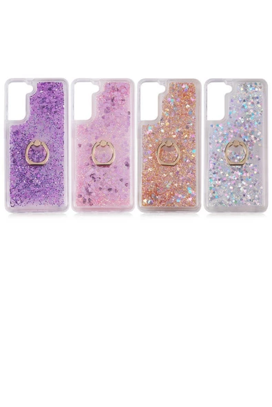 CEPCASE    Samsung Galaxy S21 Fe Kılıf Yüzük Standlı Sıvılı Simli Pullu Renkli Desenli Silikon Kapak - Resim 3