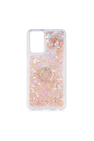CEPCASE    Samsung Galaxy M52 Kılıf Yüzük Standlı Sıvılı Simli Pullu Renkli Desenli Silikon Kapak