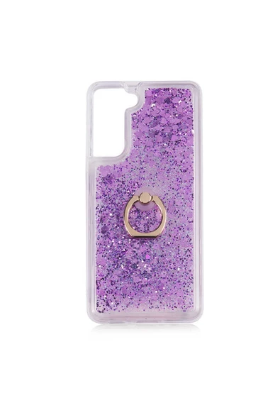 CEPCASE    Samsung Galaxy S21 Fe Kılıf Yüzük Standlı Sıvılı Simli Pullu Renkli Desenli Silikon Kapak - Resim 2