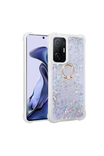 CEPCASE    Xiaomi Mi 11t Pro 5g Kılıf Yüzük Standlı Sıvılı Simli Pullu Renkli Desenli Silikon Kapak ürün görseli