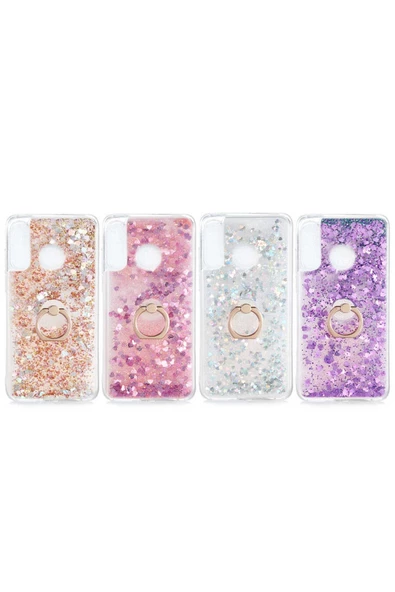 CEPCASE    Huawei P30 Lite Kılıf Yüzük Standlı Sıvılı Simli Pullu Renkli Desenli Silikon Kapak - Resim 3