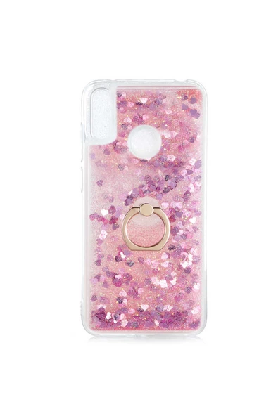 CEPCASE    Huawei Y6 2019 Kılıf Yüzük Standlı Sıvılı Simli Pullu Renkli Desenli Silikon Kapak