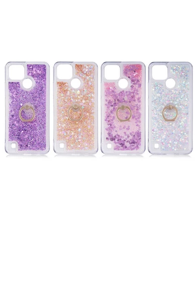 CEPCASE    Realme C21 Kılıf Yüzük Standlı Sıvılı Simli Pullu Renkli Desenli Silikon Kapak - Resim 4