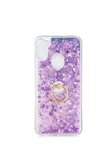 CEPCASE    Samsung Galaxy A11 Kılıf Yüzük Standlı Sıvılı Simli Pullu Renkli Desenli Silikon Kapak - Resim 2