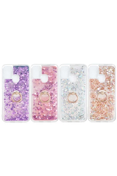 CEPCASE    Samsung Galaxy M21 Kılıf Yüzük Standlı Sıvılı Simli Pullu Renkli Desenli Silikon Kapak - Resim 2