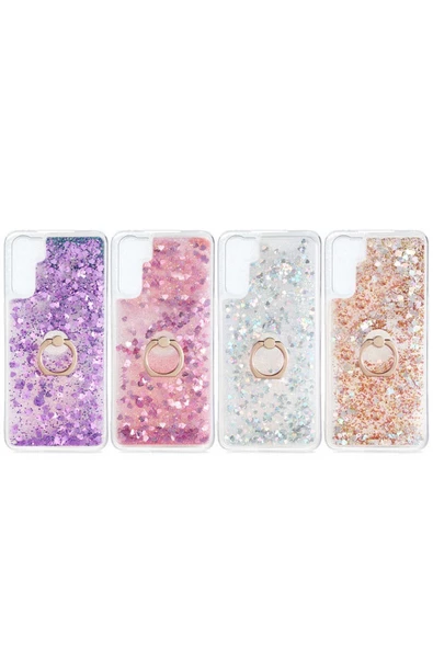 CEPCASE    Oppo Reno 3 Kılıf Yüzük Standlı Sıvılı Simli Pullu Renkli Desenli Silikon Kapak - Resim 3