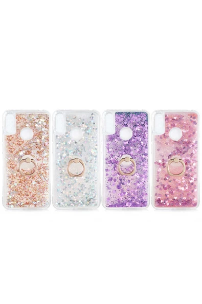 CEPCASE    Huawei Y6 2019 Kılıf Yüzük Standlı Sıvılı Simli Pullu Renkli Desenli Silikon Kapak - Resim 3