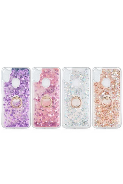 CEPCASE    Samsung Galaxy A11 Kılıf Yüzük Standlı Sıvılı Simli Pullu Renkli Desenli Silikon Kapak - Resim 3
