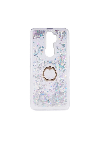 CEPCASE    Oppo A5 2020 Kılıf Yüzük Standlı Sıvılı Simli Pullu Renkli Desenli Silikon Kapak