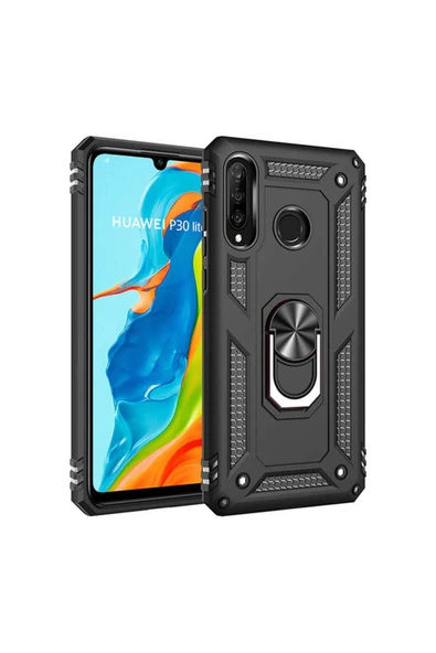 CEPCASE    Huawei P30 Lite Kılıf Standlı Magnet Mıknatıslı Yüzük Armored Zırhlı Kapak