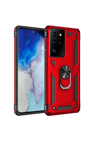 CEPCASE    Samsung Galaxy S21 Ultra Kılıf Standlı Magnet Mıknatıslı Yüzük Armored Zırhlı Kapak - Resim 2