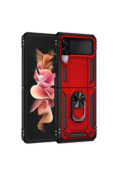 CEPCASE    Samsung Galaxy Z Flip 3 Kılıf Standlı Magnet Mıknatıslı Yüzük Armored Zırhlı Kapak - Resim 4