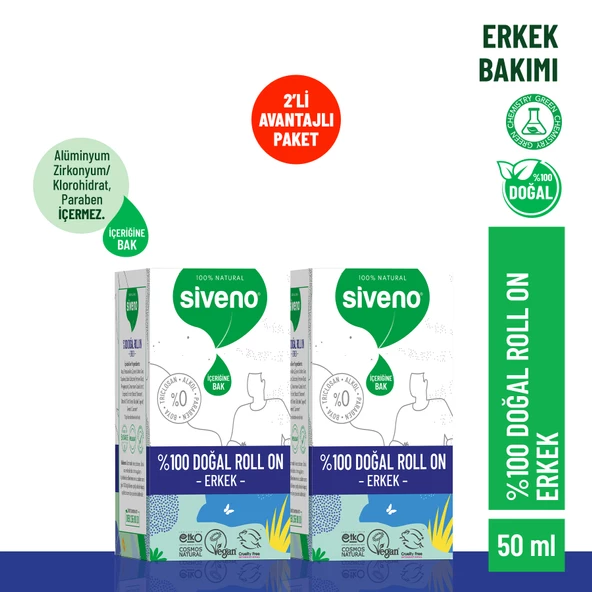 Siveno  %100 Doğal Roll-On Erkek Deodorant Ter Kokusu Önleyici Bitkisel Leke Bırakmayan Vegan 50 ml X2 Adet