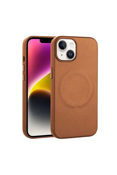 CEPCASE    Iphone 14 Plus Kılıf Magsafe Wireless Şarj Pu Deri Natural Leather Non-slip Surface Kapak
