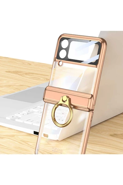 CEPCASE    Galaxy Z Flip 4 Kılıf Yüzüklü Lens Korumalı Metal Görünümlü Kapak - Resim 2