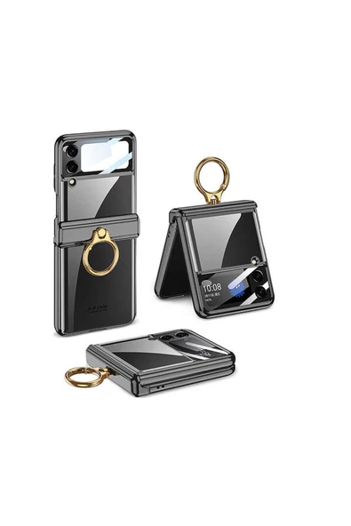 CEPCASE    Galaxy Z Flip 4 Kılıf Yüzüklü Lens Korumalı Metal Görünümlü Kapak