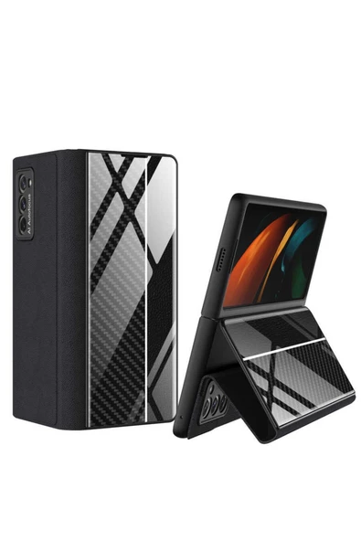 CEPCASE    Galaxy Z Fold 2 Kılıf Karbon Fiber Tasarım 360 Sağlam Koruma Deri Kılıf