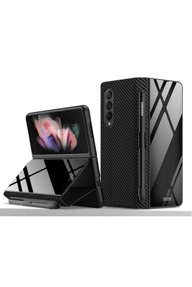 CEPCASE    Galaxy Z Fold 3 Kılıf Kalem Bölmeli Karbon Fiber Tasarım 360 Sağlam Koruma Deri Kılıf