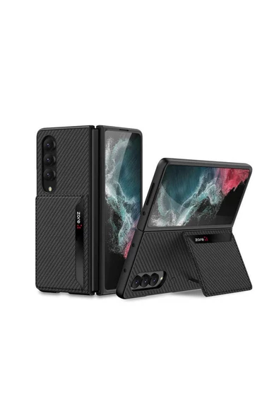 CEPCASE    Galaxy Z Fold 4 Kılıf Karbonfiber Arka Yüzey Kartlıklı Bölmeli Ince Tasarım Silikon Kapak