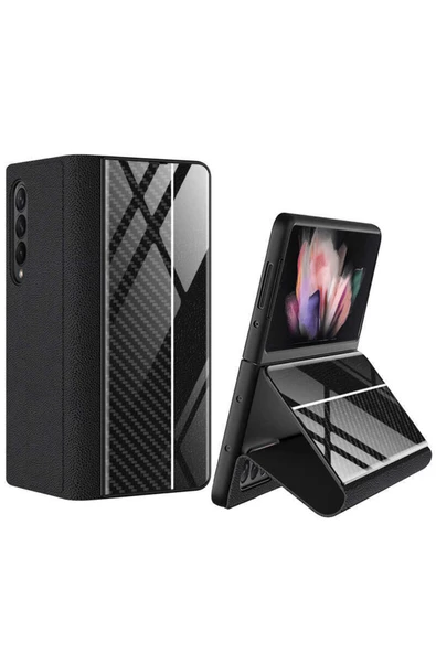 CEPCASE    Galaxy Z Fold 3 Kılıf Karbon Fiber Tasarım 360 Sağlam Koruma Deri Kılıf