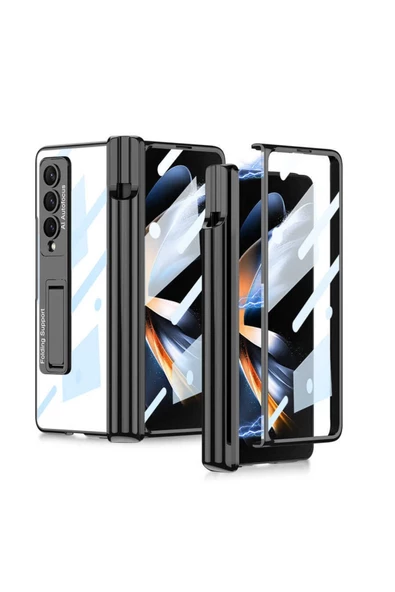 CEPCASE    Galaxy Z Uyumlu Fold 4 Kılıf Standlı Kalem Bölmeli Transparan Renkli 360 Sağlam Koruma Kapak