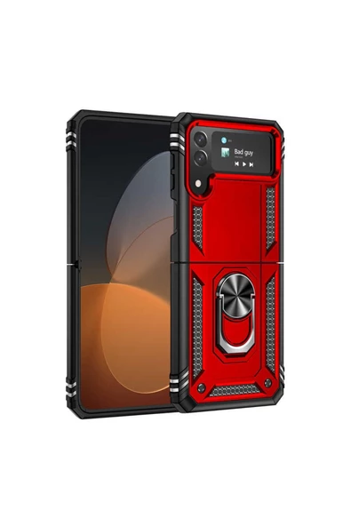 CEPCASE    Galaxy Z Flip 4 Kılıf Zırhlı Standlı Yüzüklü Magnet Kapak Tam Koruma - Resim 3