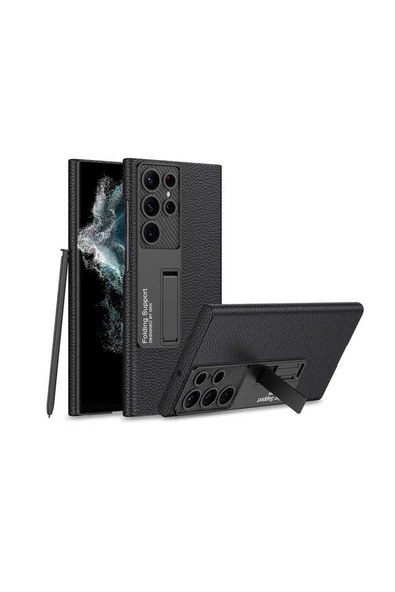 CEPCASE    Samsung Galaxy S22 Ultra Kılıf Standlı Magnetic Karbon Fiber Deri Görünümlü Exclusive Kapak ürün görseli