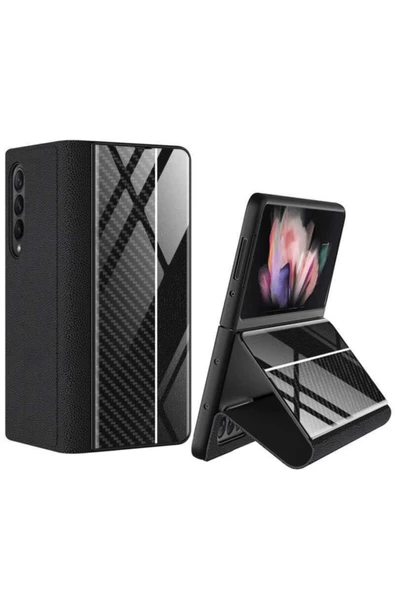 CEPCASE    Galaxy Z Fold 3 Kılıf Drago Luxury Standlı Deri Karbon Piano Black Tasım Tam Koruma Kapak