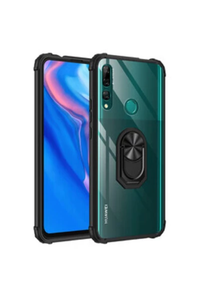 CEPCASE    Huawei Y9 Prime 2019 Uyumlu Yüzüklü Standlı Manetik Şeffaf Tam Koruma Kılıf