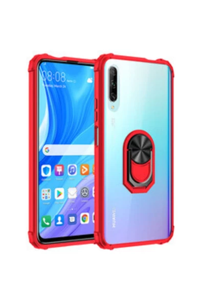 CEPCASE    Huawei P Smart Pro 2019 Uyumlu Yüzüklü Standlı Manetik Şeffaf Tam Koruma Kılıf